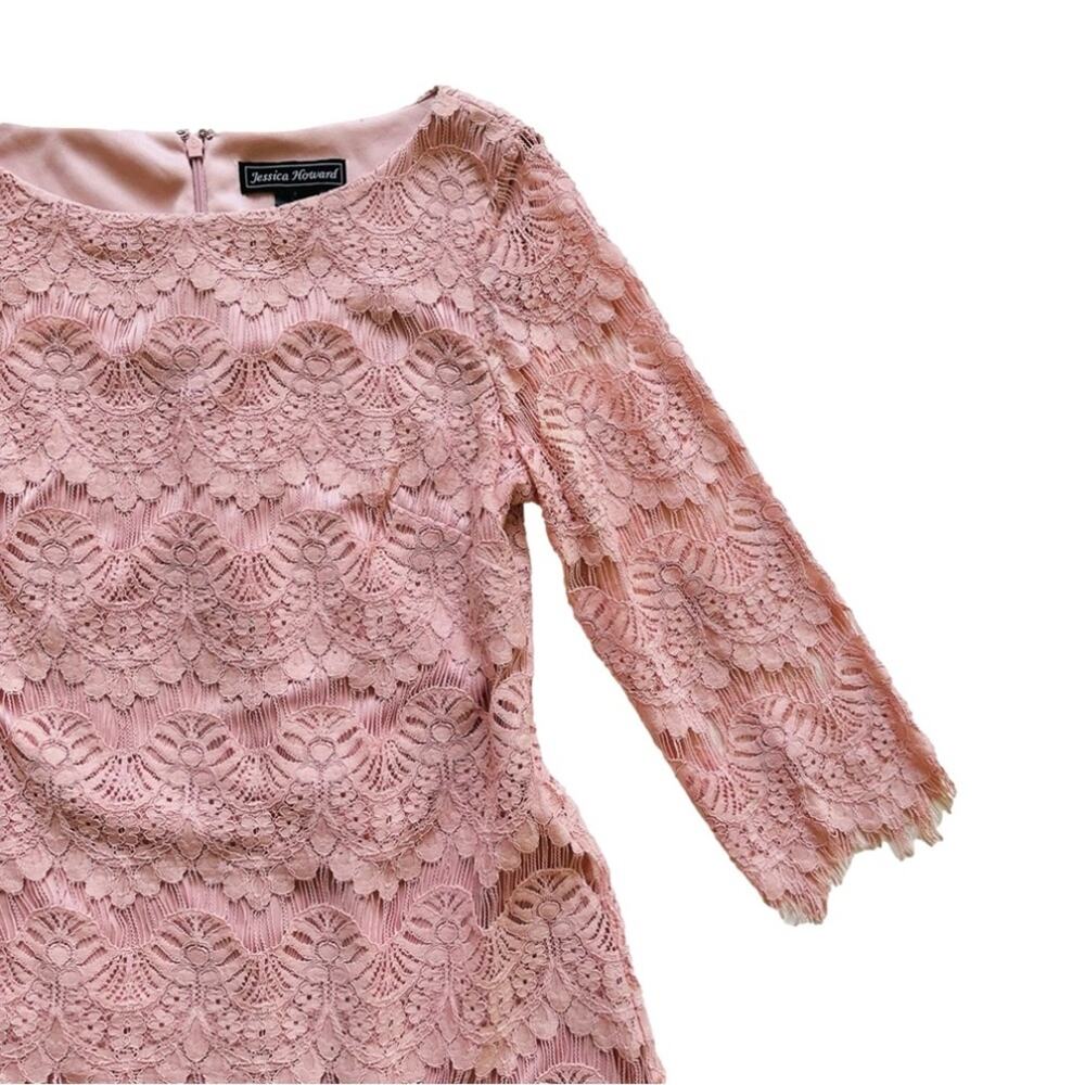 Jessica Howard Dress Blush Pink Lace 3/4 Sleeve Lined Sheath Party Size 8P - Picture 9 of 11